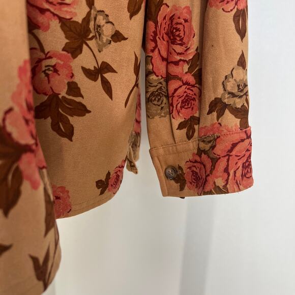 Rose Printed Button Up Shirt Long Sleeves Brown White Stage Top - Picture 8 of 9